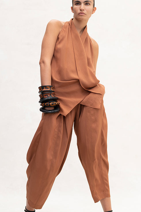 Silk V Neck Draped Top Rust brown XS S M L